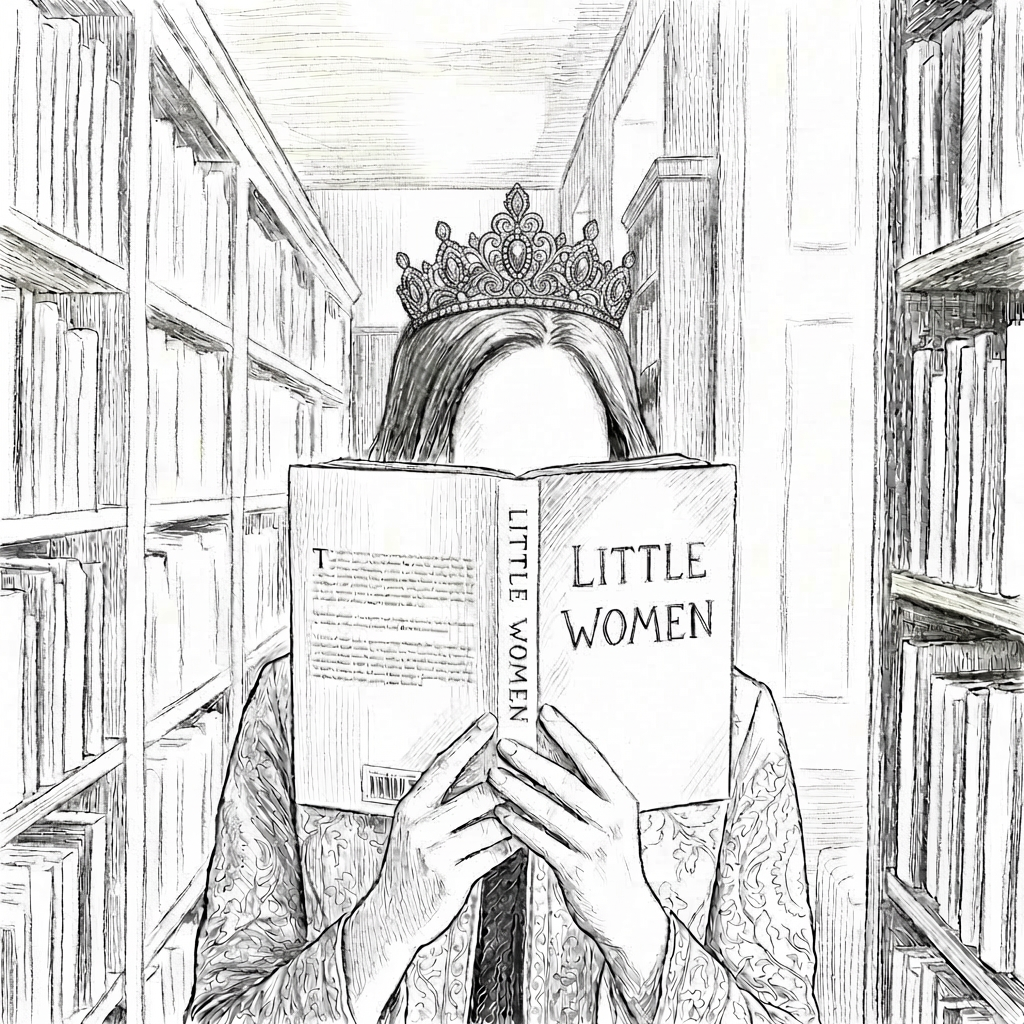 Woman in tiara holding book titled 'THE SECRET LIFE OF TIARAS' in library.