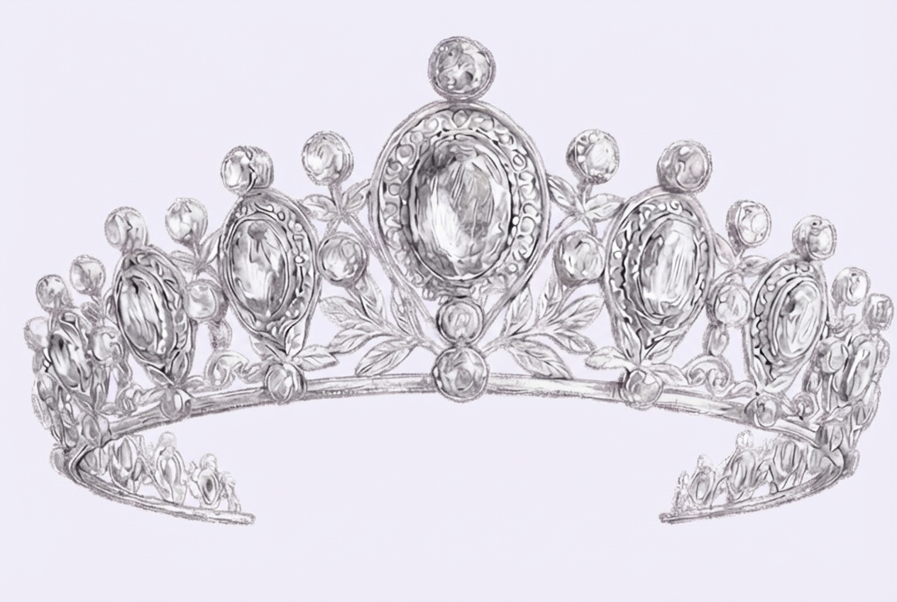 Ornate silver tiara with large purple amethysts resting on a dark blue velvet cushion.