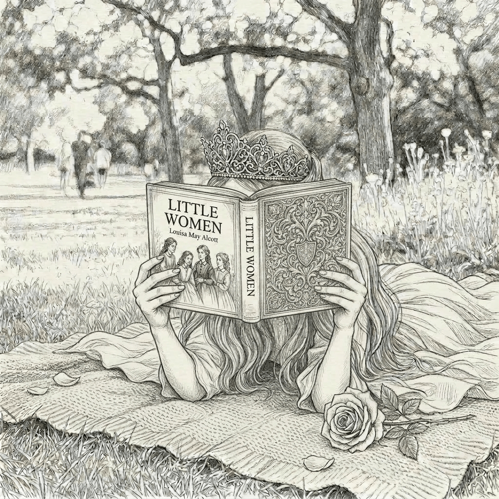 Young girl lying on a blanket in the park reading 'The Star Princess and the Moon Dragon' book