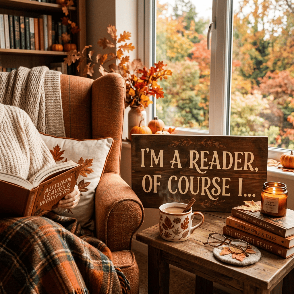 Person reading Autumn Leaves and Whispers in a cozy autumn armchair